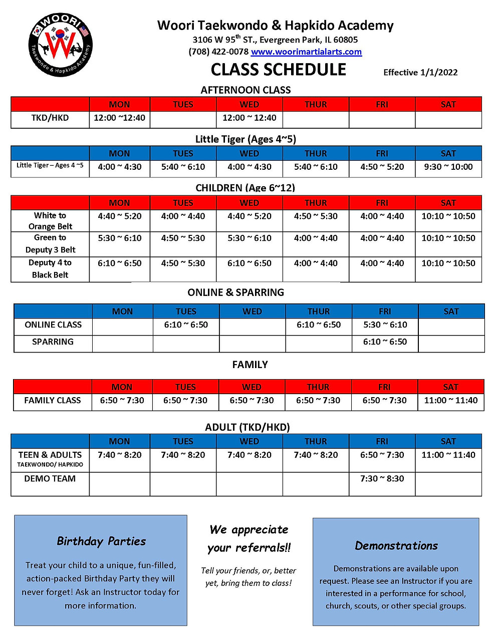 Class Schedule Evergreen Park IL Woori Taekwondo & Hapkido Academy